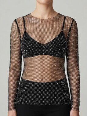 Black Rhinestone Covered Fishnet Long-Sleeve Top